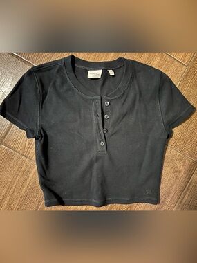 Sunday Best Black Waffle Knit Short-Sleeve Cropped Henley XXS